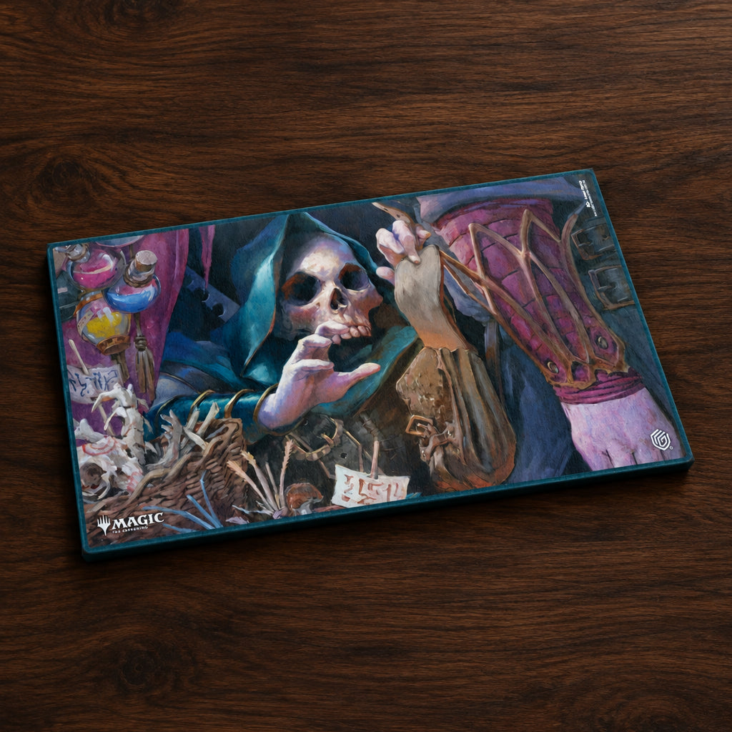 Magic: The Gathering playmat featuring a detailed fantasy illustration of a skeletal grim reaper figure in a dark hooded cloak, surrounded by mystical artifacts and purple-toned magical elements. The Magic logo is visible in the bottom-left corner.