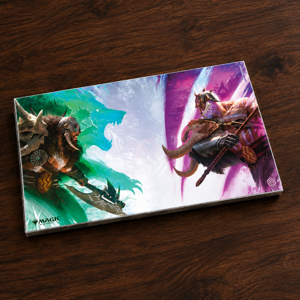 Magic: The Gathering playmat featuring a split fantasy illustration with a green dragon-like creature on the left and a purple wolf-like warrior on the right, shown on a white background.