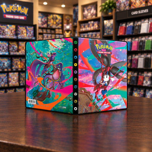Pokémon trading card game binder with colorful designs on a white background