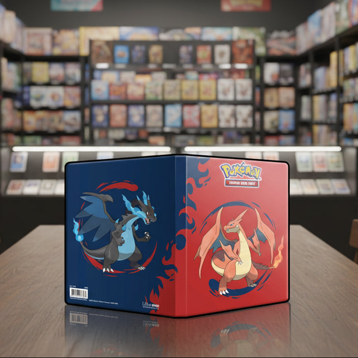 Pokémon trading card game binder with Charizard and Charizard illustrations on a white background
