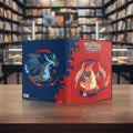 Pokémon trading card game binder with Charizard and Charizard on a red and blue background