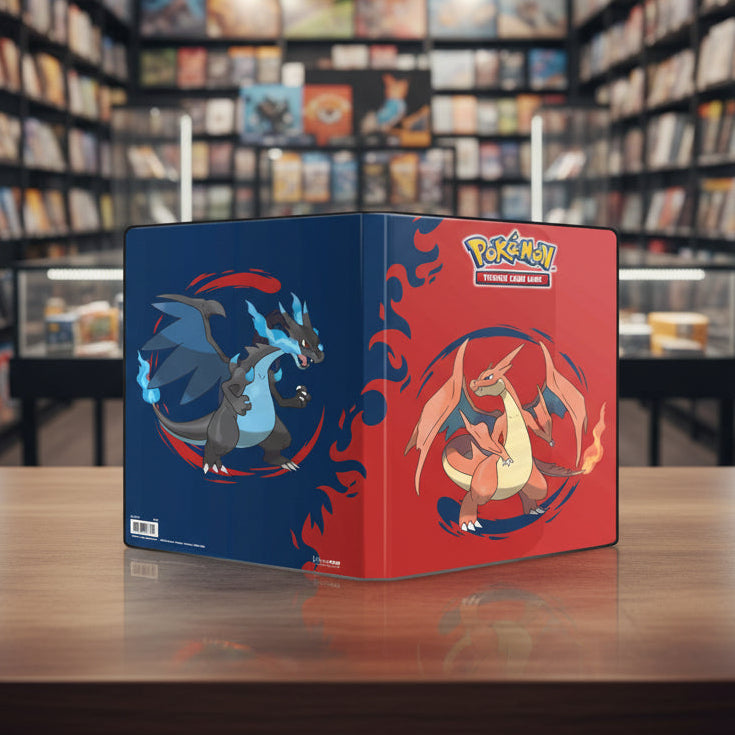 Pokémon trading card game binder with Charizard and Charizard on a red and blue background