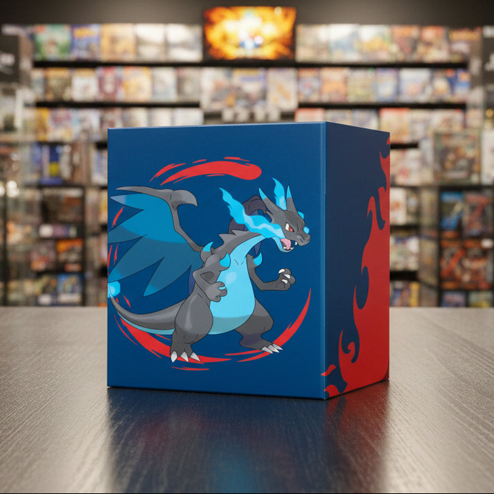 Box with a dragon-like creature design on a blue and red background