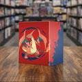 Card holder with a dragon-like creature design on a red and blue background