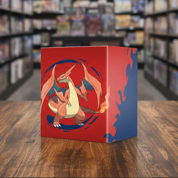 Card holder with a dragon-like creature design on a red and blue background