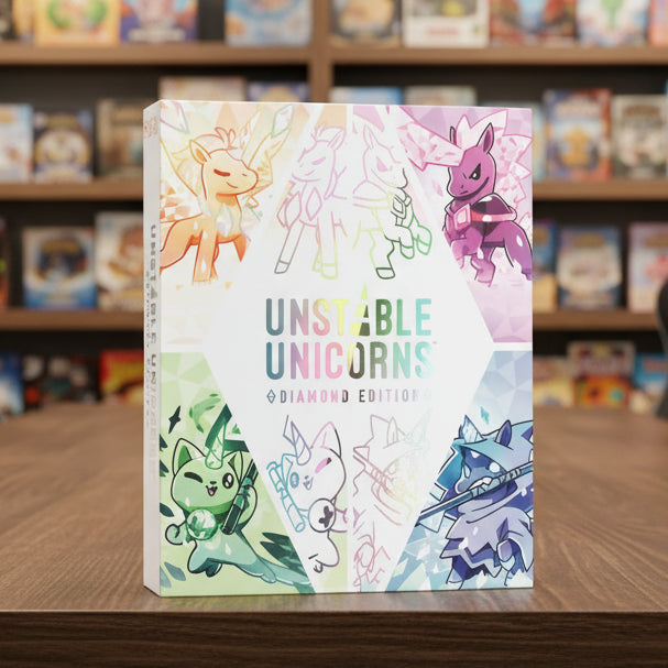 Packaging of 'Unstable Unicorns' with colorful unicorn illustrations on a white background