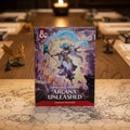 Front cover of the Dungeons & Dragons Arcana Unleashed tabletop gaming expansion book, showing fantasy artwork of a floating female figure with a glowing blue staff and purple-toned cityscape background. The red&Diamond Roleplay logo appears in the top left, and the title 'Arcana Unleashed' is printed prominently at the bottom.
