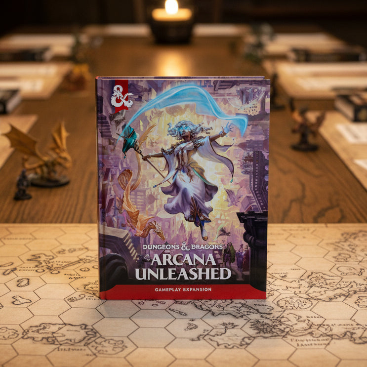Front cover of the Dungeons & Dragons Arcana Unleashed tabletop gaming expansion book, showing fantasy artwork of a floating female figure with a glowing blue staff and purple-toned cityscape background. The red&Diamond Roleplay logo appears in the top left, and the title 'Arcana Unleashed' is printed prominently at the bottom.