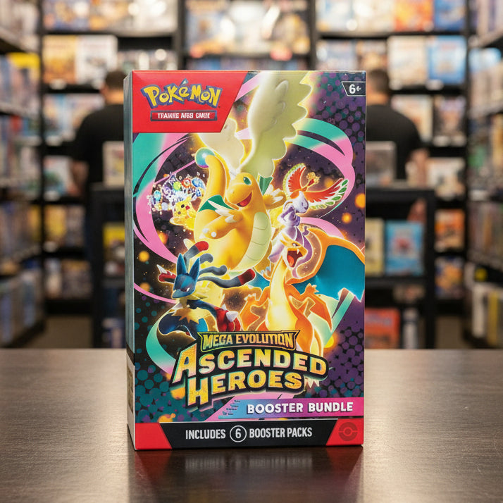 Pokémon trading card game booster bundle packaging with Mega Evolution Ascended Heroes theme.