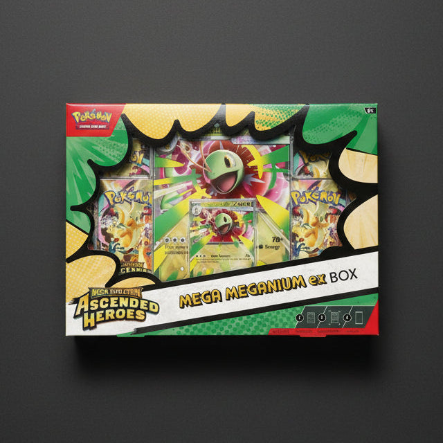 Pokémon trading card game box featuring Mega Meganium ex with colorful design