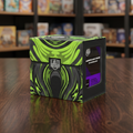 Green and black patterned magnetic card holder on a light gray background