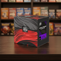 Magnetic card holder with red and black design on a gray background