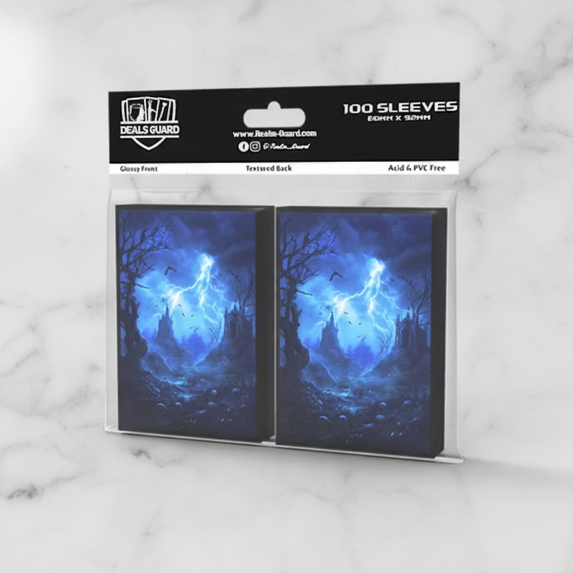 Pack of trading card sleeves with a fantasy design on a white background