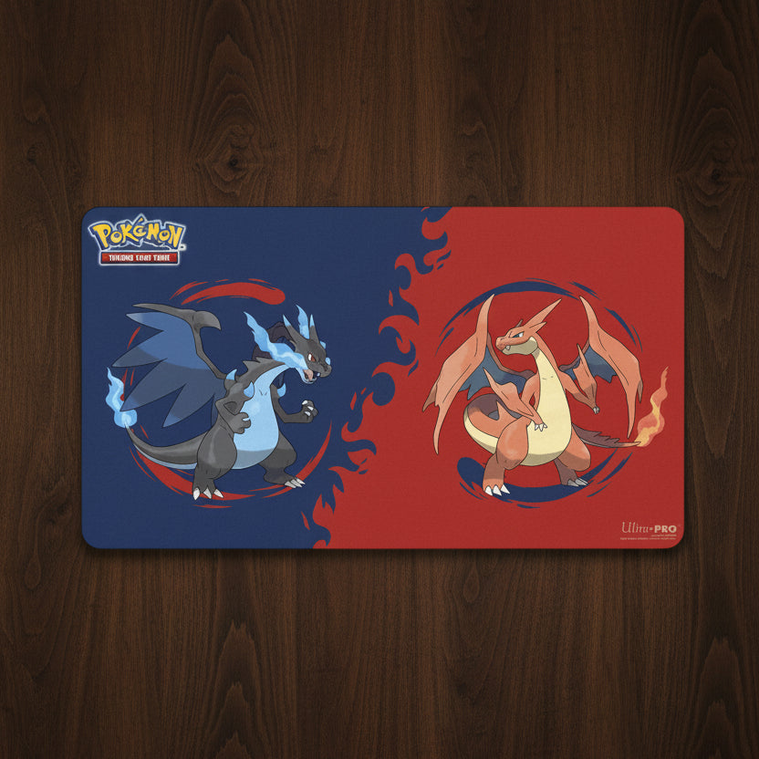 Pokémon trading card game playmat with Charizard and Charizard on a red and blue background.