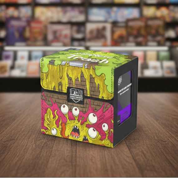 Colorful card holder box with cartoonish design on a white background
