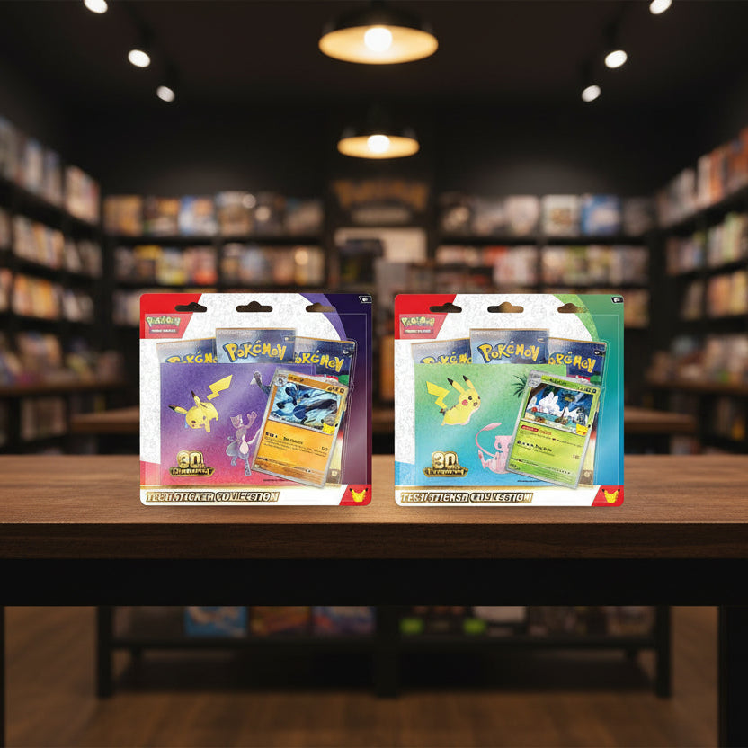 Two packaged Pokémon Tech Sticker Collection 30th Anniversary sets side by side, each containing sticker packs and sample Pokémon cards on colorful card sleeves.