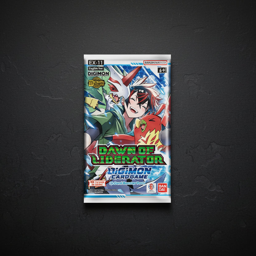 Digimon card game packaging with characters on a white background