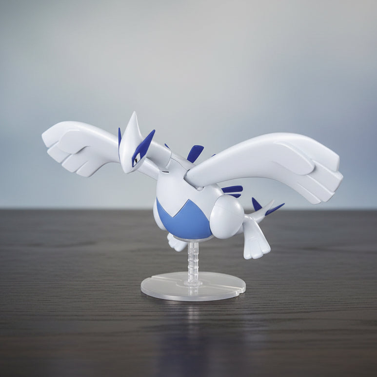 Pokémon figure of a white and blue creature on a clear stand against a white background