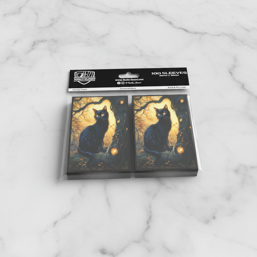 Pack of card sleeves with black cat design on a white background