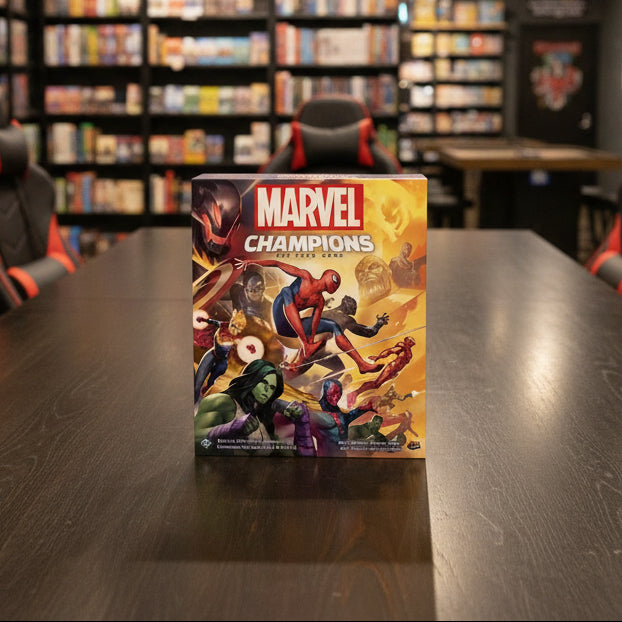 Marvel Champions card game box with superhero characters on a white background