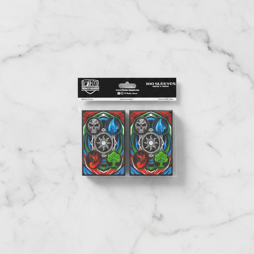 Pack of card sleeves with colorful design on a white background