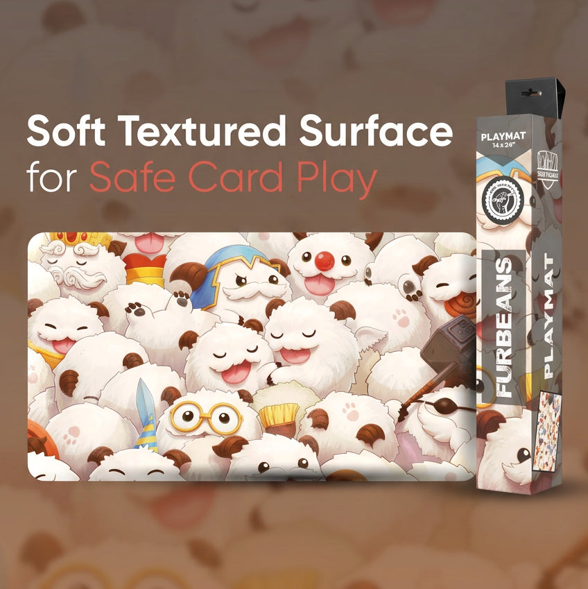 A product display for a 'Soft Textured Surface' playmat featuring a dense illustration of cute, smiling white fluffy creatures. The main playmat is shown flat, with its retail packaging standing to the right.