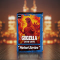 Godzilla card game starter deck packaging with fiery design and Godzilla illustration.