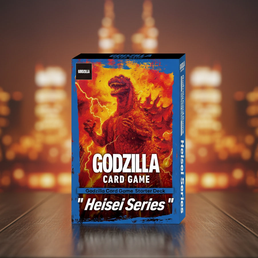 Godzilla card game starter deck packaging with fiery design and Godzilla illustration.