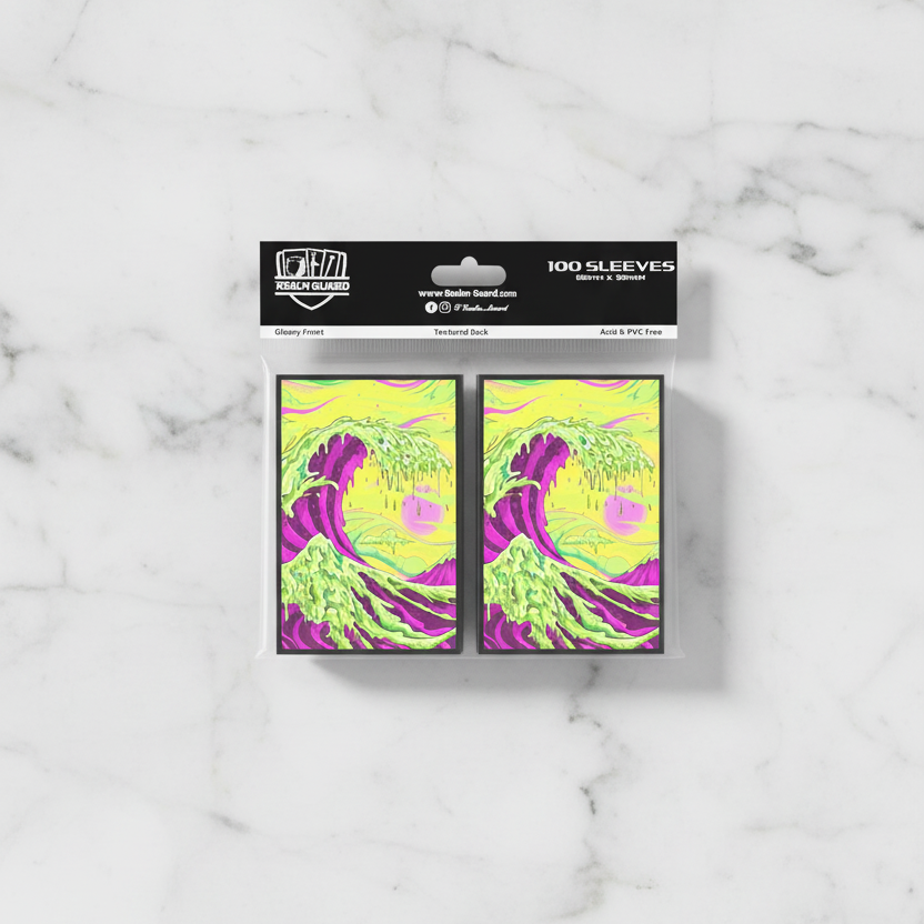 Card sleeves packaging with colorful design on a white background
