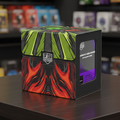 Colorful magnetic card holder packaging on a gray background