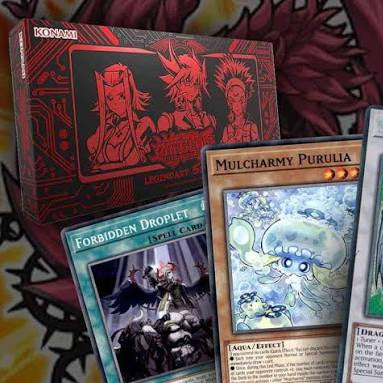 Yu-Gi-Oh! 5D's Legendaries card deck box displayed alongside several representative trading cards, including Mulcharmy Purulia and Stardust Dragon, on a colorful illustrated background.