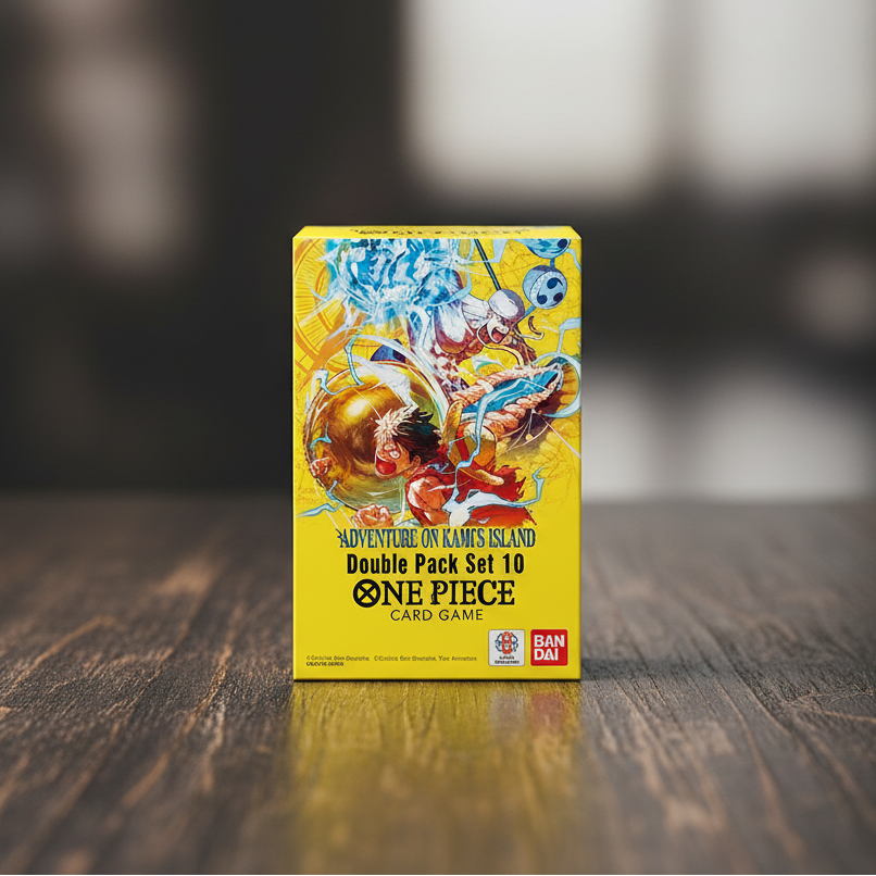 One Piece card game double pack set box with colorful artwork on a yellow background