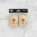 Packaging of card sleeves with floral design and text on a white background
