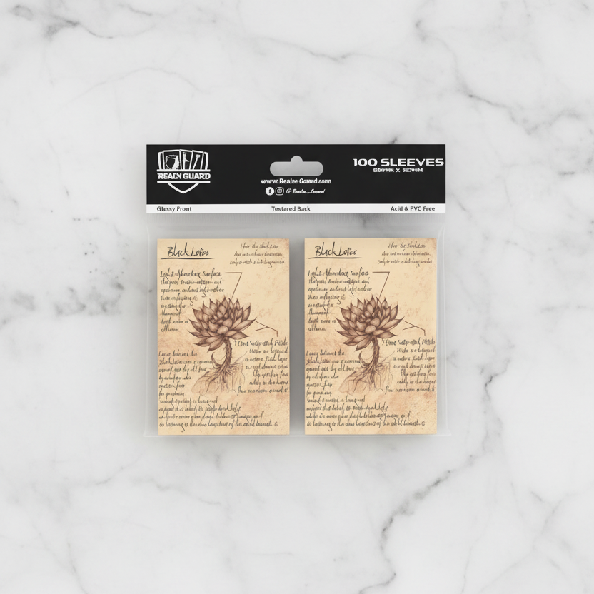 Packaging of card sleeves with floral design and text on a white background