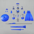 Set of blue and silver figure parts on a gray background, including armor pieces and a dress.