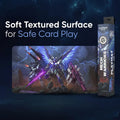 A fantasy mecha warrior playmat with a printed illustration of armored robots under lightning, shown next to its retail box. Large text reads 'Soft Textured Surface for Safe Card Play' on a dark background.
