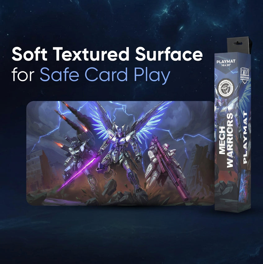 A fantasy mecha warrior playmat with a printed illustration of armored robots under lightning, shown next to its retail box. Large text reads 'Soft Textured Surface for Safe Card Play' on a dark background.