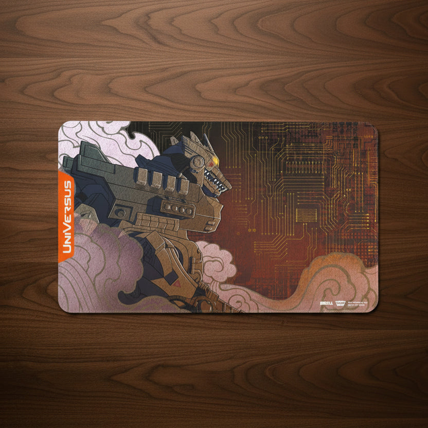 Gaming mouse pad with mecha godzilla design and Universus logo on a white background