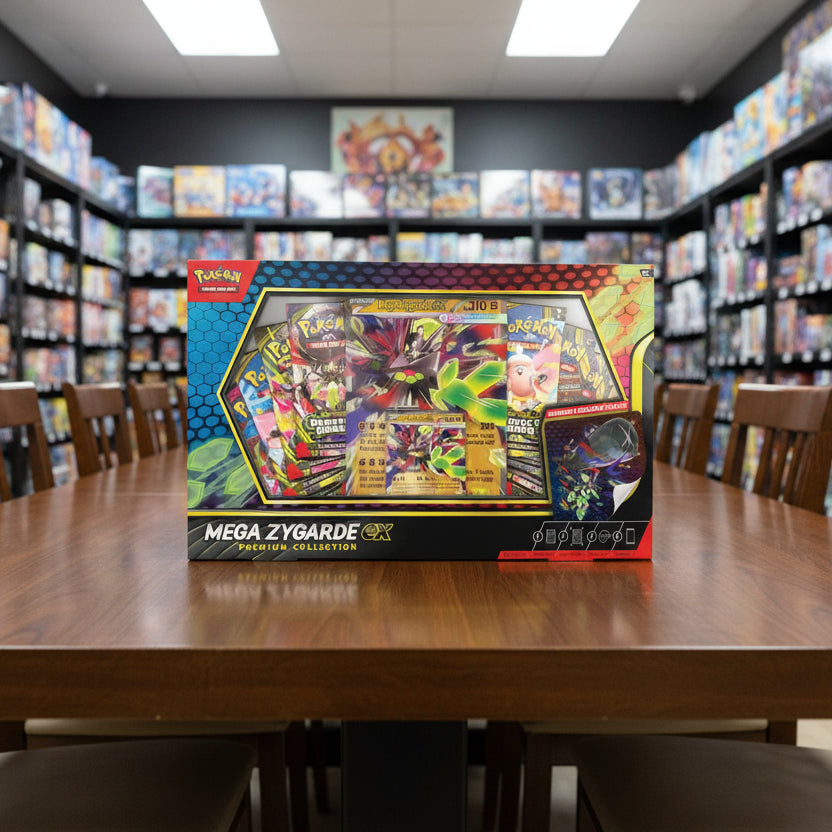 Pokémon Mega Zygarde EX Premium Collection trading card game box with colorful cards and Pokémon logo.