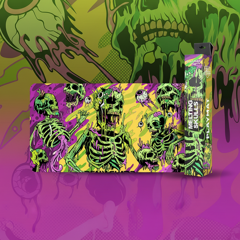 Card game mat with skeleton design on a textured surface, featuring brand logos.