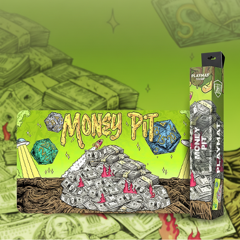 Card game packaging with 'Money Pit' illustration and text about a soft textured surface for safe card play.