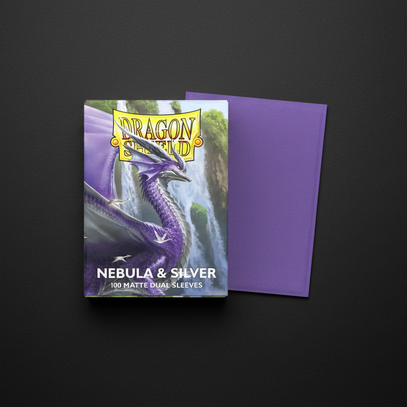 Dragon Shield card sleeves packaging with a purple dragon design on a black background