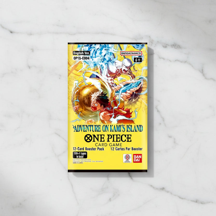 One Piece card game booster pack with character illustration on yellow background
