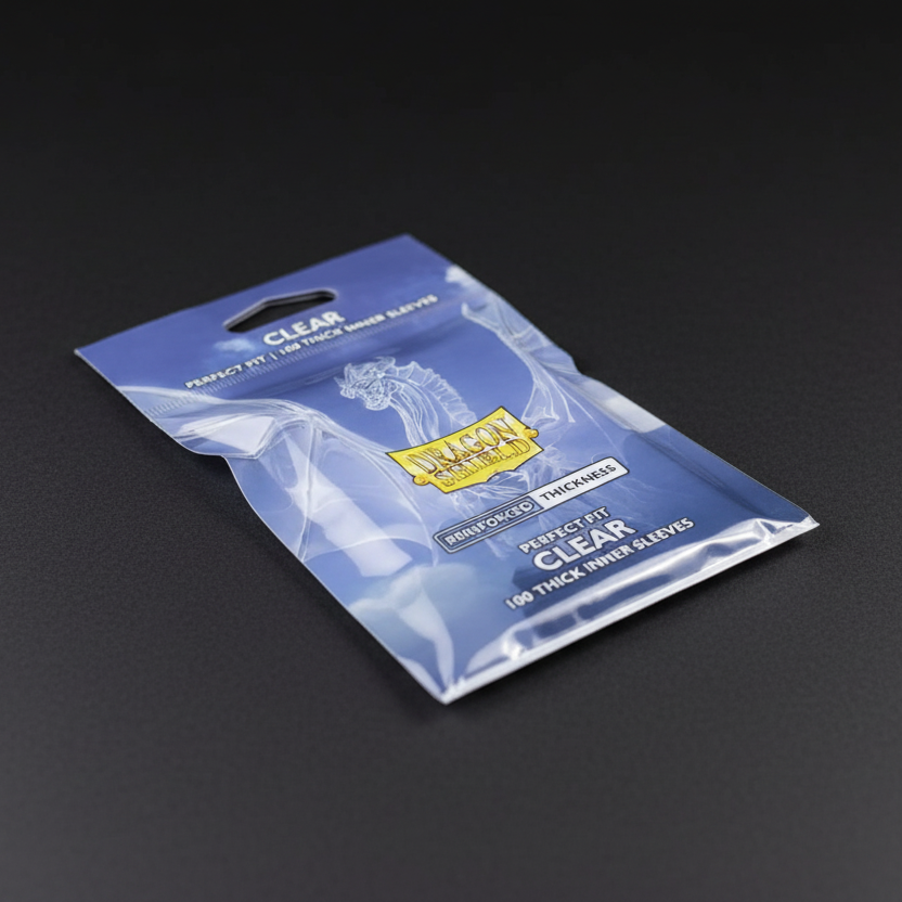 Pack of clear card sleeves with Dragon Shield logo on a black background