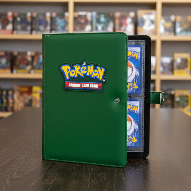 Green Pokémon trading card holder with cards inside on a white background