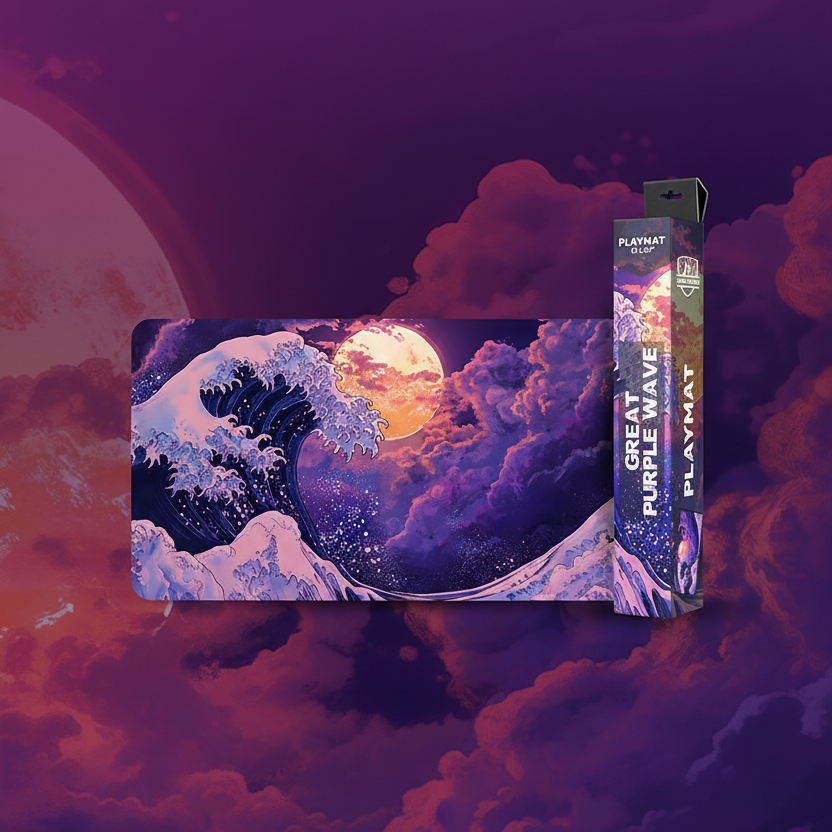 Playmat packaging with 'Great Purple Wave' design and text about soft textured surface for safe card play.