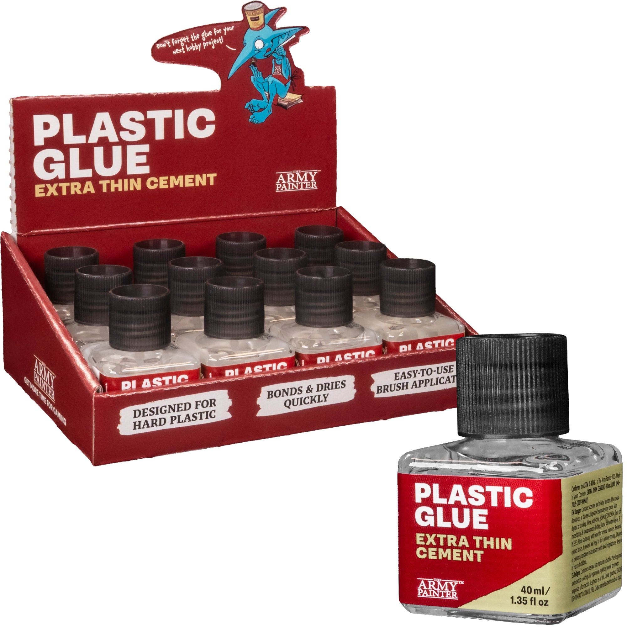 Display box and bottle of Army Painter Plastic Glue Extra Thin Cement on a white background
