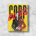 Artistic depiction of a person holding a skeleton with 'Corpse' text on a yellow background