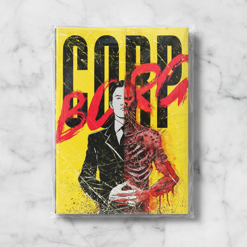 Artistic depiction of a person holding a skeleton with 'Corpse' text on a yellow background
