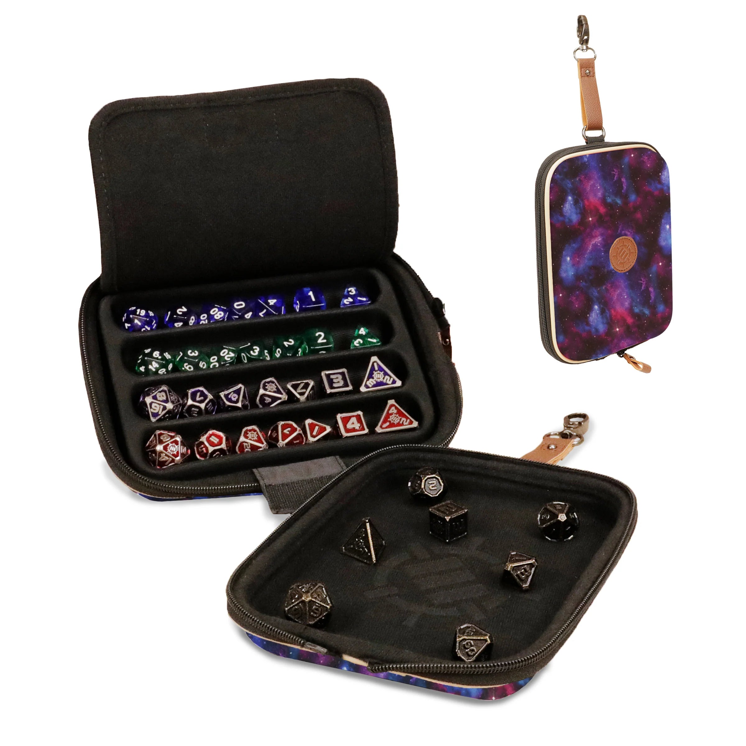 Collection of dice and a carrying case on a white background